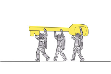 Poster - continuous one line drawing group of astronauts work together carrying the key. offer the best solut