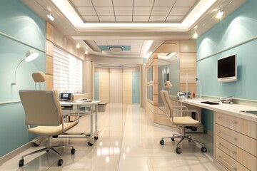 Wall Mural - A modern doctors office with two desks, chairs, and a television