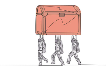 Poster - Single one line drawing group of astronauts work together carrying treasure chest. Valuable discoveries from the moon. Invaluable. Fun expedition. Spaceman. Continuous line design graphic illustration