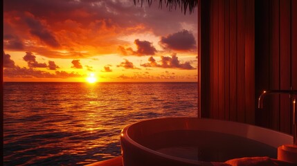 Wall Mural - a serene sunset view over the ocean, framed by a cozy bath setting. perfect for relaxation and tranq