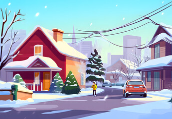 Sticker - Suburban street on winter with red house, cars on asphalt road, trees and pedestrian covered with snow. Cartoon vector illustration of teen boy welcome friends. Suburb neighborhood landscape.