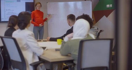 Wall Mural - A pregnant business woman with orange hair confidently presents her business plan to colleagues in a modern glass office, embodying entrepreneurship and innovation