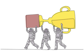 Poster - single continuous line drawing a group of astronauts work together carrying the trophy. win a space 