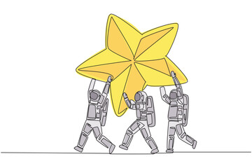 Poster - single one line drawing a group of astronauts work together carrying star. dreams come true. expedit