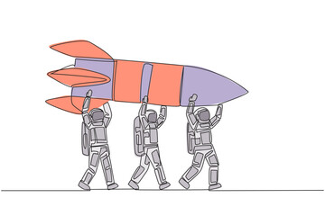 Poster - Continuous one line drawing a group of astronauts work together carrying a rocket. Repair expert. Save budget for space expeditions. Spaceman. Outer space. Single line draw design vector illustration