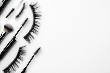 Elegant makeup tools with false eyelashes on white background