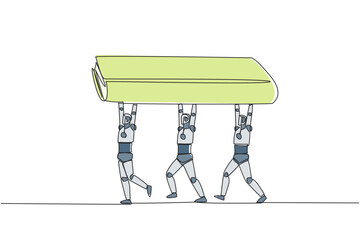 Poster - single one line drawing a group of robots work together carrying a book. implementation of artificia