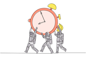 Poster - Single continuous line drawing group of astronauts work together carrying alarm clock. Appreciate the time. Time is the greatest asset. Cosmonaut. Space expedition. One line design vector illustration