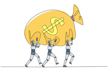 Wall Mural - Single one line drawing a group of robots work together to carrying money bag. Solid cooperation provides many benefits. Technology artificial intelligence. Continuous line design graphic illustration