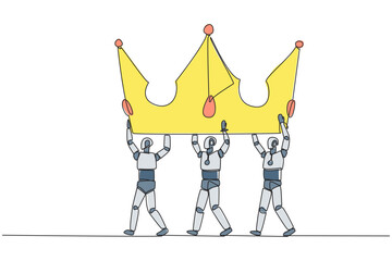 Poster - Continuous one line drawing group of robots work together to carrying crown. King in the world of technology. Artificial intelligence is developing rapidly. Single line draw design vector illustration