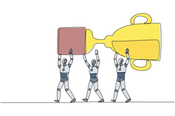 Poster - continuous one line drawing group of robots work together carrying the trophy. artificial intelligen