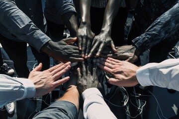 Poster - Work together to win together Close-up shot of a group of business people joining their hands together in unity.