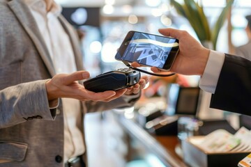 Close Up Of Businessman Using Smartphone To Pay For Shopping Close up of businessman using his smart phone ta pay in a store.