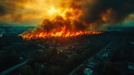 Canvas Print - photo of a large fire in the suburbs. a lot of smoke top view.