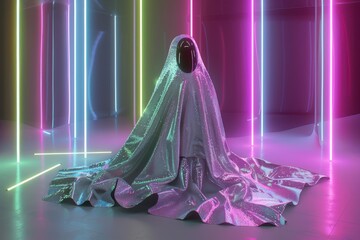 Canvas Print - Dancing and entertainment concept. The diamond blanket is dancing. Ghost. Laser neon beams. 3d Illustration Dancing and entertainment concept. The diamond blanket is dancing. Ghost. Laser neon beams. 