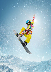 Snowboarder in bright, colorful outfit, jumping into the air, making trick, emphasizing the energy of winter sports. Concept of active lifestyle, extreme winter sports. Poster