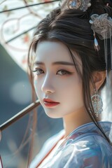 Beautiful woman in the goddess ancient china beauty style background, ai generated