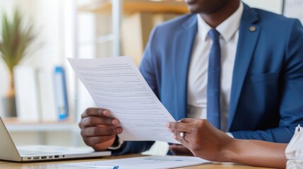 Poster - Friendly interview between Indian businessman hr director holding paper cv hiring for job female African American applicant manager sitting in contemporary office. Human resources recruitment concept