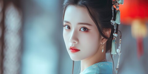 Beautiful woman in the goddess ancient china beauty style background, ai generated