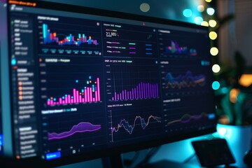 Poster - Computer screen displaying various stock market charts with colorful lines and bars indicating positive growth