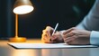 © JP STUDIO LAB - A journalist writing an article late at night, with a dim lamp casting shadows over the desk