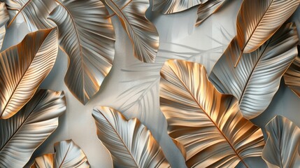 Poster - Gold floral plants and palm leaves Wallpaper Mural, 3d illustration, grey background, abstract tropical leaves, banana leaves with 3d lines. AI generated illustration