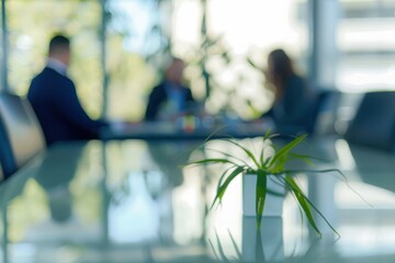 Wall Mural - Defocused people at business meeting Defocused shot of business team at the meeting, purposely blurred with a lens, copy space.