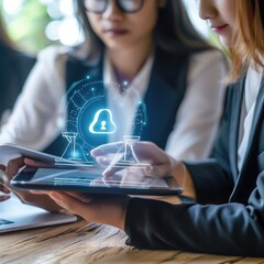Poster - Group of Businesswoman and Accountant checking data document on digital tablet for investigation of corruption account with icon on virtual screen. Anti Bribery concept.