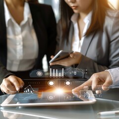 Poster - Group of Businesswoman and Accountant checking data document on digital tablet for investigation of corruption account with icon on virtual screen. Anti Bribery concept.