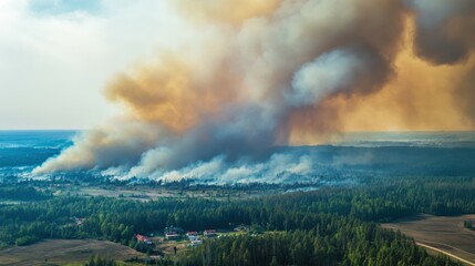 Canvas Print - photo of a large fire in the suburbs. a lot of smoke top view.