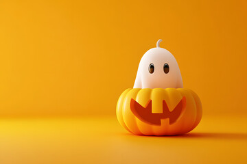 Simple halloween cartoon ghost peeks out of a Jack-o-lantern pumpkin on orange background. Happy Halloween concept. Traditional october holiday. 3d rendering illustration