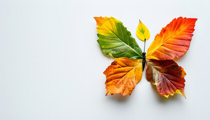 colorful autumn leaf butterfly with wings made of leaves on white background.