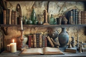 open book lying on desk is surrounded by burning candles and antique decoration in background