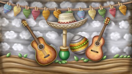 Mexican Music and Party Decorations on a Wooden Background