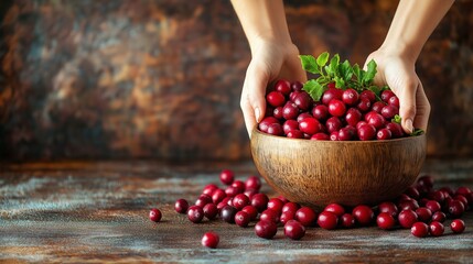 A person's hands gently place freshly picked cranberries into a wooden bowl, with scattered cranberries on a rustic table