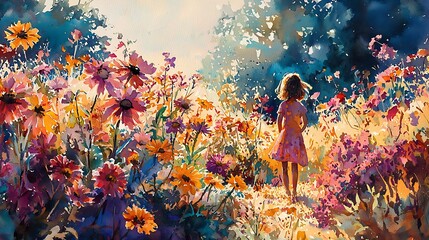 A gentle watercolor painting of a girl standing in a field of flowers, evoking serenity.