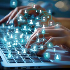 Poster - Hands of woman hr specialist is typing the keyboard in the internet to find the best candidates to create international network in recruitment process. Casual wear. Social media hologram icons.