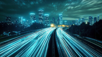 Aufkleber - Long exposure shot of a highway leading into a city at night with light trails from the vehicles