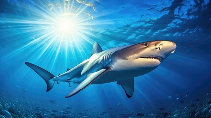 Poster - Caribbean reef shark in blue water with sun rays (Underwater Photography)  