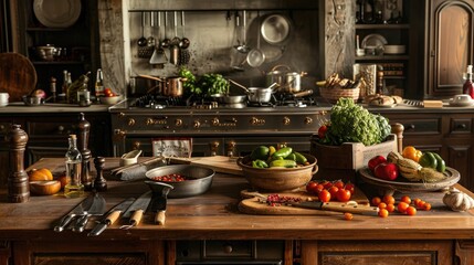 Italian Chef's Kitchen: Elegant wooden island with cooking utensils and fresh ingredients, highlighting a passionate Italian chef at work.