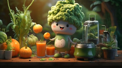 photo of a D character making a vegetable smoothie with a blender