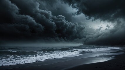 Stormy skies loom over a wild beach at dusk, waves crashing ashore background