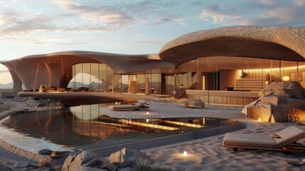 Luxurious modern organic hotel in the middle of the desert, generative ia