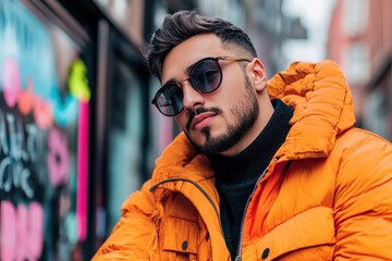 A stylish man wearing sunglasses and an orange jacket poses confidently outdoors, blending modern fashion with urban street style in a colorful setting.