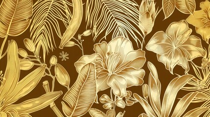 Luxury gold nature background. Floral pattern, Golden bananas, palms, exotic flowers, line arts illustration. AI generated illustration