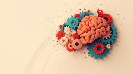 A brain surrounded by colorful gears and cogs, representing mental health complexity, set against a clean, simple background with space for text