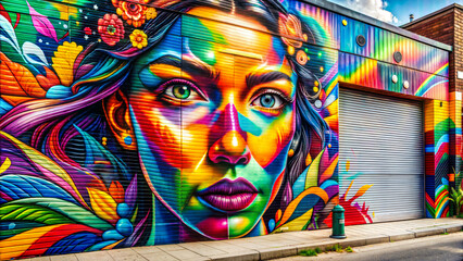 Wall Mural - Vibrant street mural depicting a colorful woman's face surrounded by floral patterns in daylight