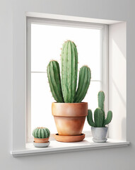 Wall Mural - a pot of cactus near the window, watercolor illustration