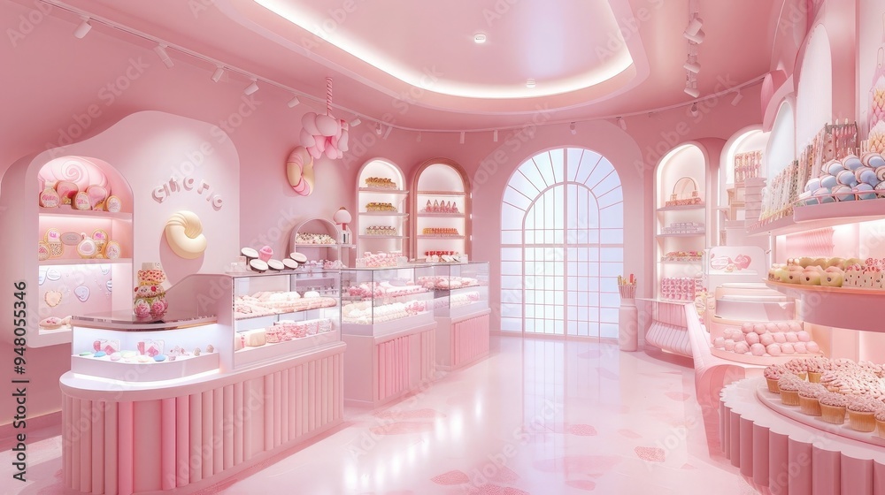 Luxury premium candy shop interior in pastel colors with lots of sweet ...