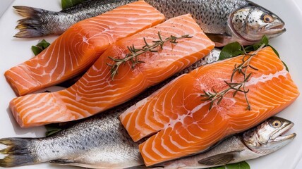 Fillet Salmon or Trout fish collection for steak menu isolated on background, popular fish for with high protein and nutrients.